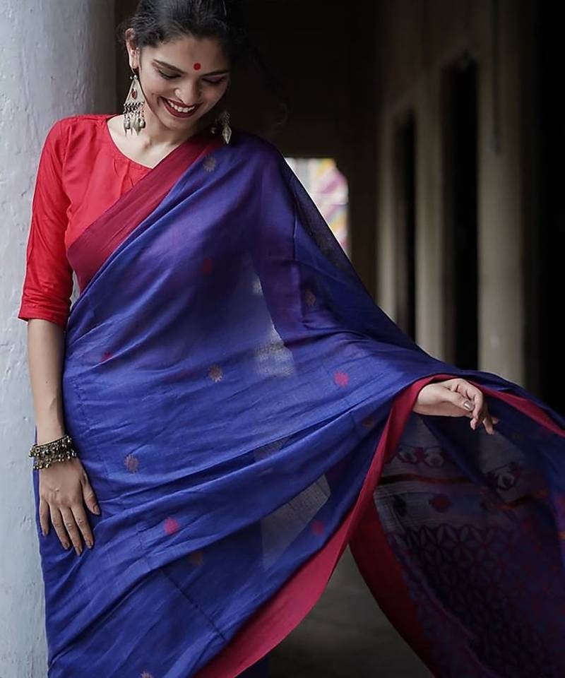 Blue red soft linen blend banarasi jacuard work designer party wear saree with unstitched blouse piece