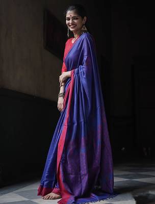 Blue red linen blend banarasi saree with unstitched blouse piece 2