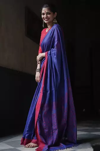 Blue red linen blend banarasi saree with unstitched blouse piece