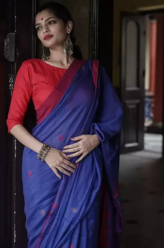 Blue red linen blend banarasi saree with unstitched blouse piece