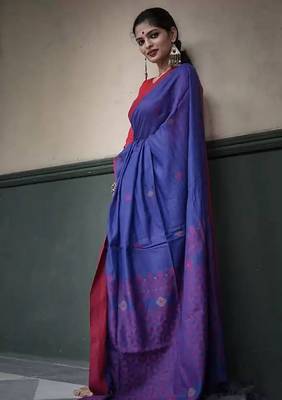 Blue red linen blend banarasi saree with unstitched blouse piece 4