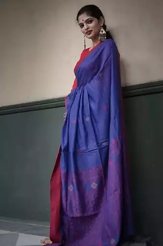 Blue red linen blend banarasi saree with unstitched blouse piece