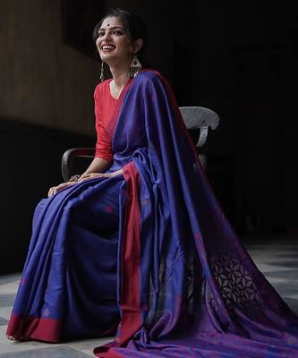 Blue red linen blend banarasi saree with unstitched blouse piece 5