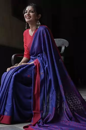Blue red linen blend banarasi saree with unstitched blouse piece