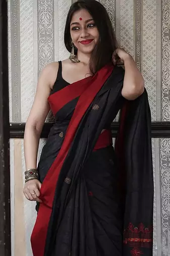 Black linen blend banarasi saree with unstitched blouse piece