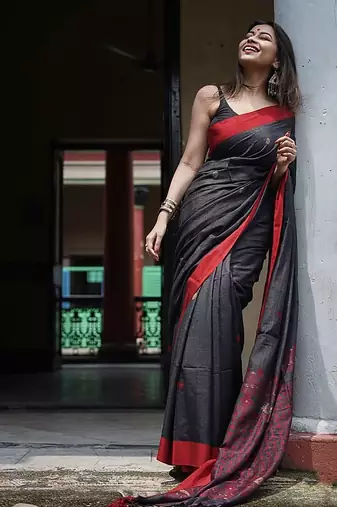 Black linen blend banarasi saree with unstitched blouse piece