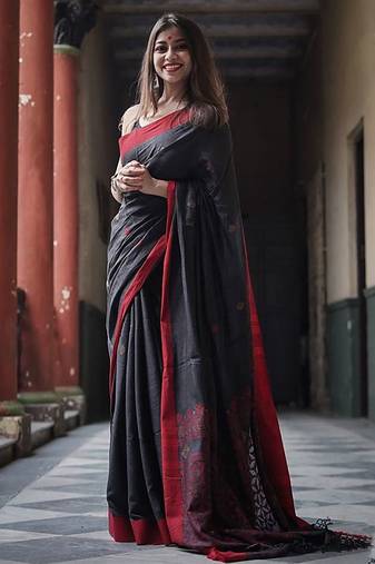 Black soft linen blend banarasi jacuard work designer party wear saree with unstitched blouse piece