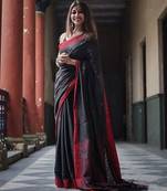 Black linen blend banarasi saree with unstitched blouse piece