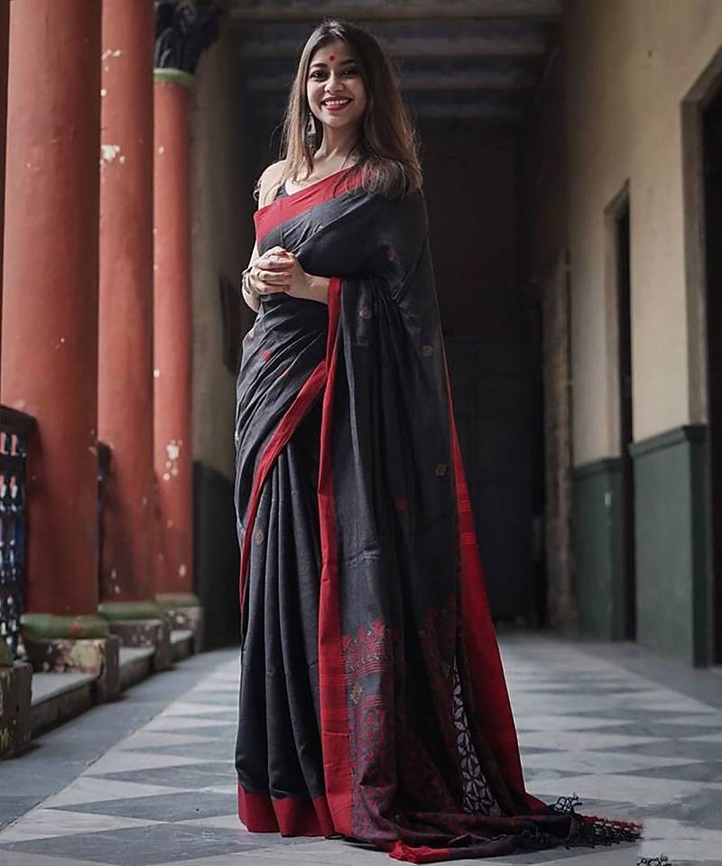 Black soft linen blend banarasi jacuard work designer party wear saree with unstitched blouse piece