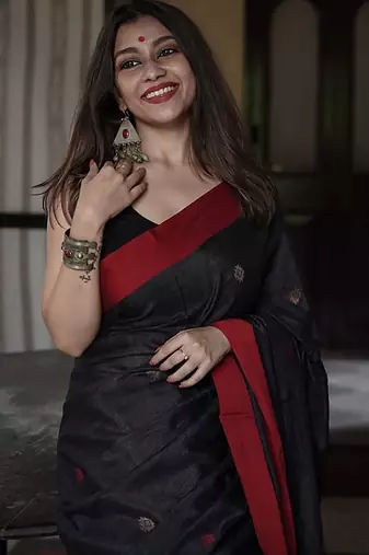 Black linen blend banarasi saree with unstitched blouse piece