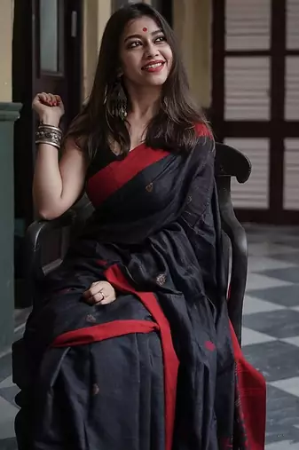 Black linen blend banarasi saree with unstitched blouse piece