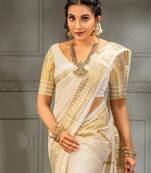 Off white soft silk blend banarasi jacuard work designer party wear saree with unstitched blouse piece