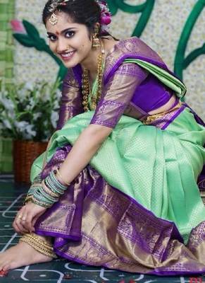 Pista green silk blend banarasi saree with unstitched blouse piece 1