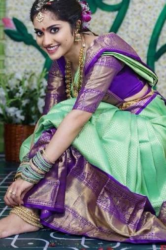 Pista green soft silk blend banarasi jacuard work designer party wear saree with unstitched blouse piece