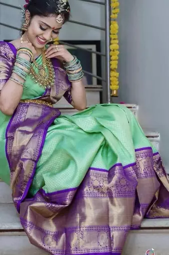 Pista green silk blend banarasi saree with unstitched blouse piece