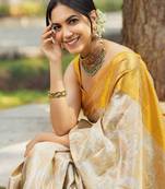 Off white soft silk blend banarasi jacuard work designer party wear saree with unstitched blouse piece