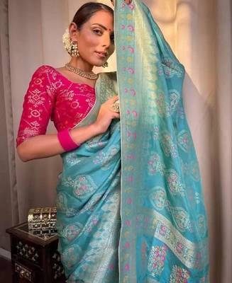 Turquoise pink silk blend banarasi saree with unstitched blouse piece 2