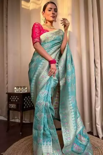Turquoise pink soft silk blend banarasi jacuard work designer party wear saree with unstitched blouse piece