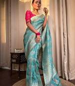 Turquoise pink silk blend banarasi saree with unstitched blouse piece