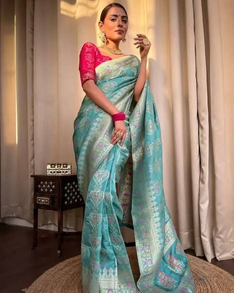 Turquoise pink soft silk blend banarasi jacuard work designer party wear saree with unstitched blouse piece
