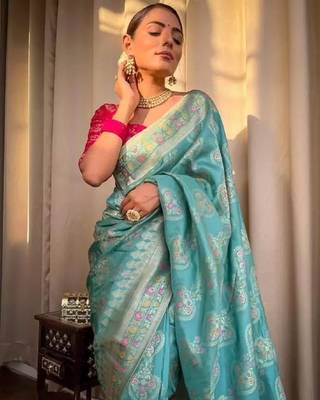 Turquoise pink silk blend banarasi saree with unstitched blouse piece 3