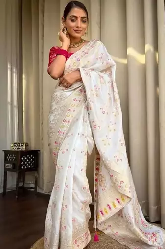 White pink silk blend banarasi saree with unstitched blouse piece