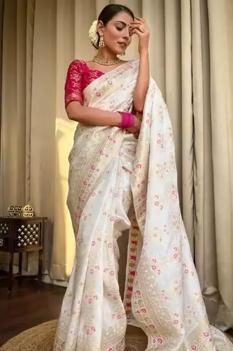 White pink soft silk blend banarasi jacuard work designer party wear saree with unstitched blouse piece