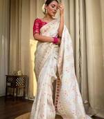 White pink silk blend banarasi saree with unstitched blouse piece