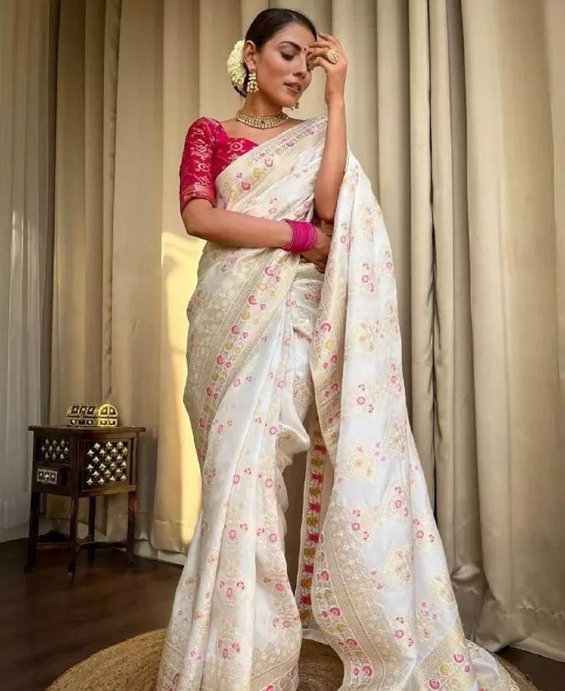White pink soft silk blend banarasi jacuard work designer party wear saree with unstitched blouse piece