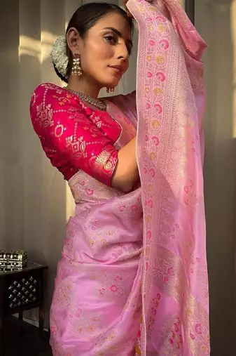 Baby pink silk blend banarasi saree with unstitched blouse piece