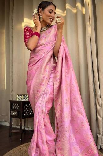 Baby pink soft silk blend banarasi jacuard work designer party wear saree with unstitched blouse piece