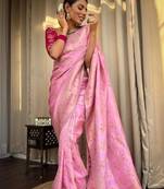 Baby pink silk blend banarasi saree with unstitched blouse piece