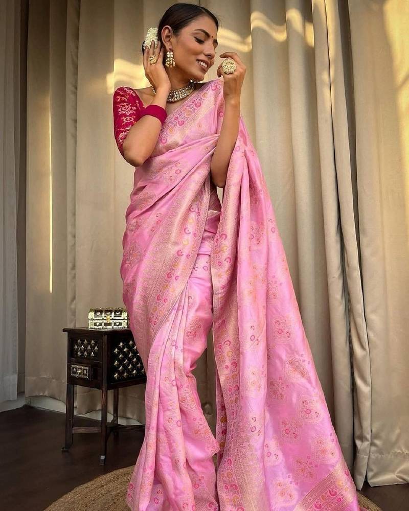 Baby pink soft silk blend banarasi jacuard work designer party wear saree with unstitched blouse piece