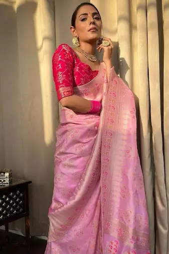 Baby pink silk blend banarasi saree with unstitched blouse piece