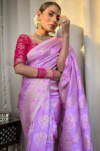 Lavender pink silk blend banarasi saree with unstitched blouse piece