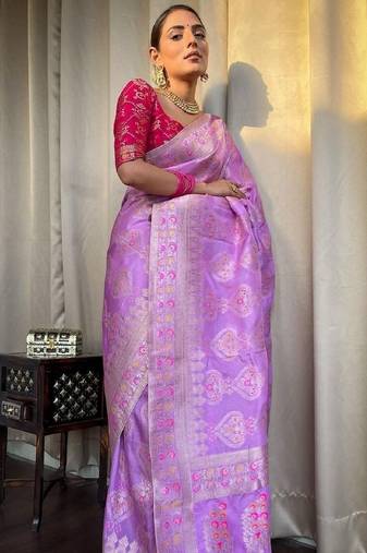 Lavender pink soft silk blend banarasi jacuard work designer party wear saree with unstitched blouse piece