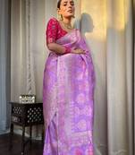 Lavender pink silk blend banarasi saree with unstitched blouse piece