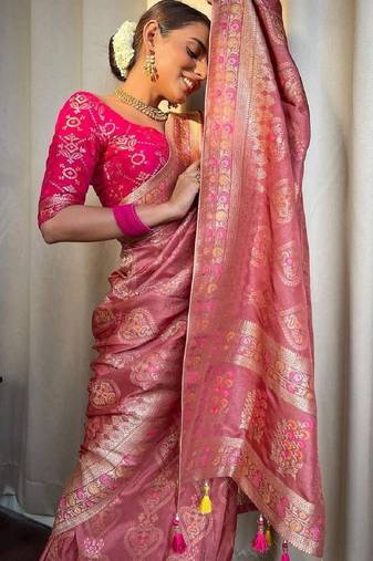 Peach pink soft silk blend banarasi jacuard work designer party wear saree with unstitched blouse piece