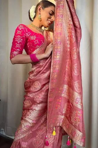 Peach pink soft silk blend banarasi jacuard work designer party wear saree with unstitched blouse piece