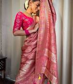 Peach pink silk blend banarasi saree with unstitched blouse piece