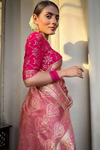 Peach pink silk blend banarasi saree with unstitched blouse piece