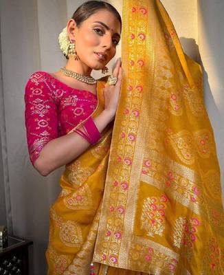Yellow pink silk blend banarasi saree with unstitched blouse piece 2