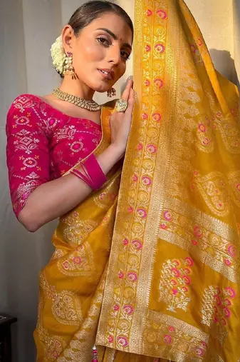 Yellow pink silk blend banarasi saree with unstitched blouse piece