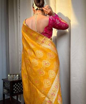 Yellow pink silk blend banarasi saree with unstitched blouse piece 3