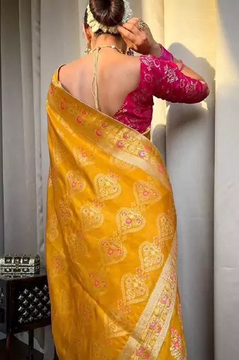 Yellow pink silk blend banarasi saree with unstitched blouse piece