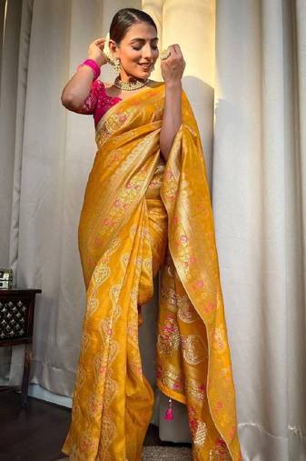 Yellow pink soft silk blend banarasi jacuard work designer party wear saree with unstitched blouse piece