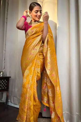 Yellow pink soft silk blend banarasi jacuard work designer party wear saree with unstitched blouse piece