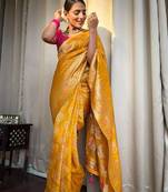 Yellow pink silk blend banarasi saree with unstitched blouse piece