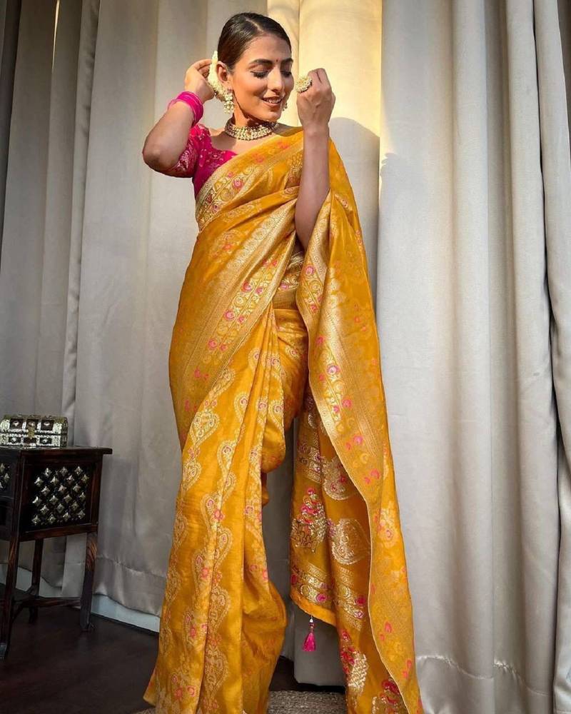 Yellow pink soft silk blend banarasi jacuard work designer party wear saree with unstitched blouse piece
