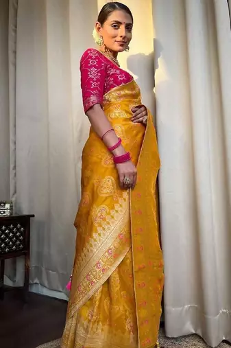 Yellow pink silk blend banarasi saree with unstitched blouse piece